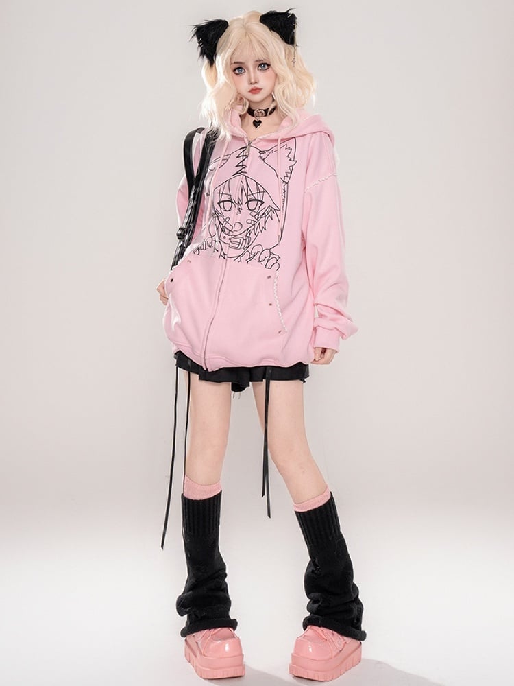 Punk Black/Pink Anime Girl Print Cat Ears Zip Hoodie