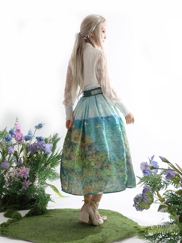 ロング/ショートハイバージョンウエストスカートフィッシャーマンズコテージ油絵プリントグリーン