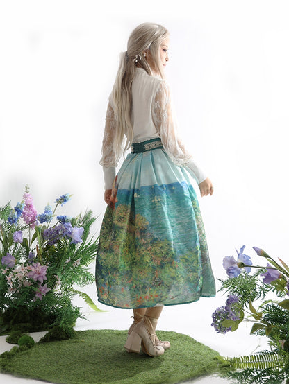 ロング/ショートハイバージョンウエストスカートフィッシャーマンズコテージ油絵プリントグリーン