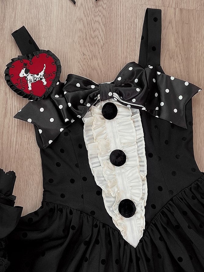 Black White Polka Dot Gothic Lolita Jumper Skirt with Bows Striped Hem - Tan Tuan