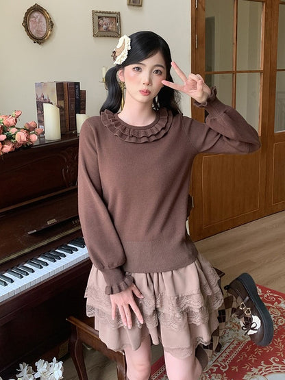 Caramel Bowknot Accent Long Sleeve Blouse with Ruffle Cuffs and Neckline - Lan Jian Chuan
