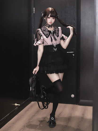 Jirai Kei Black & Pink Lace Cutout Shoulder Short Sleeve Ruffle Blouse - Ekomi