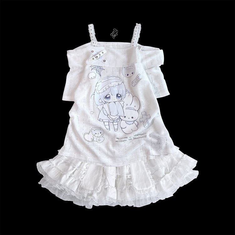 Off-the-shoulder Neckline White Jirai Kawaii Cartoon Yami Print