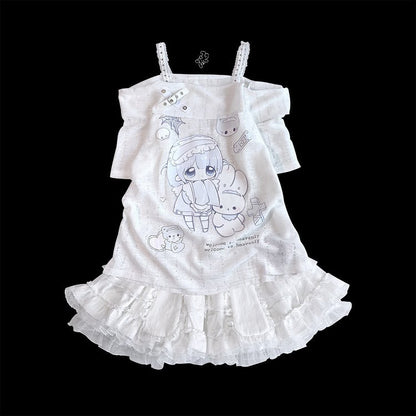 Off-the-shoulder Neckline White Jirai Kawaii Cartoon Yami Print