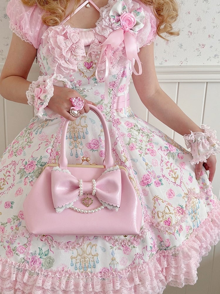 Rose Lolita Shoulder Bag with Pearl Chain and Huge Bow - Sheep Puff Bag
