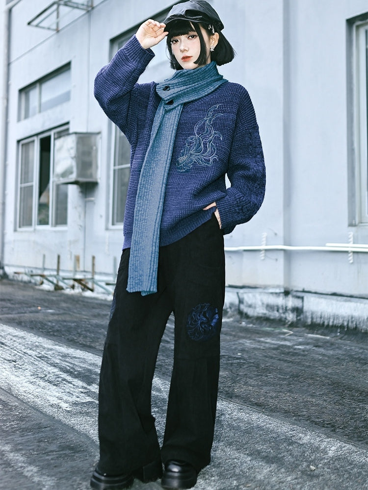 with Goldfish Pants Wide-leg Embroidery Black Gothic