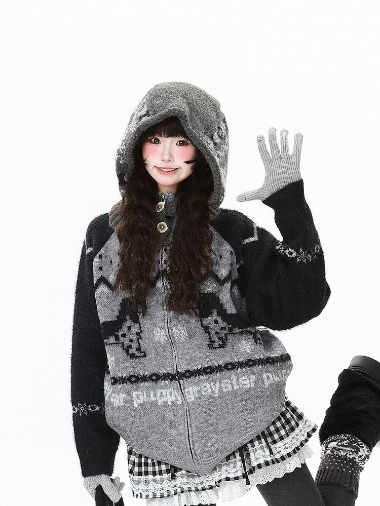 Hoodie Jacket Pink/Black Letter with Daily in Puppy Pattern Graphics Kawaii