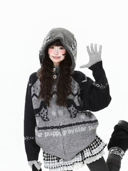 Hoodie Jacket Pink/Black Letter with Daily in Puppy Pattern Graphics Kawaii