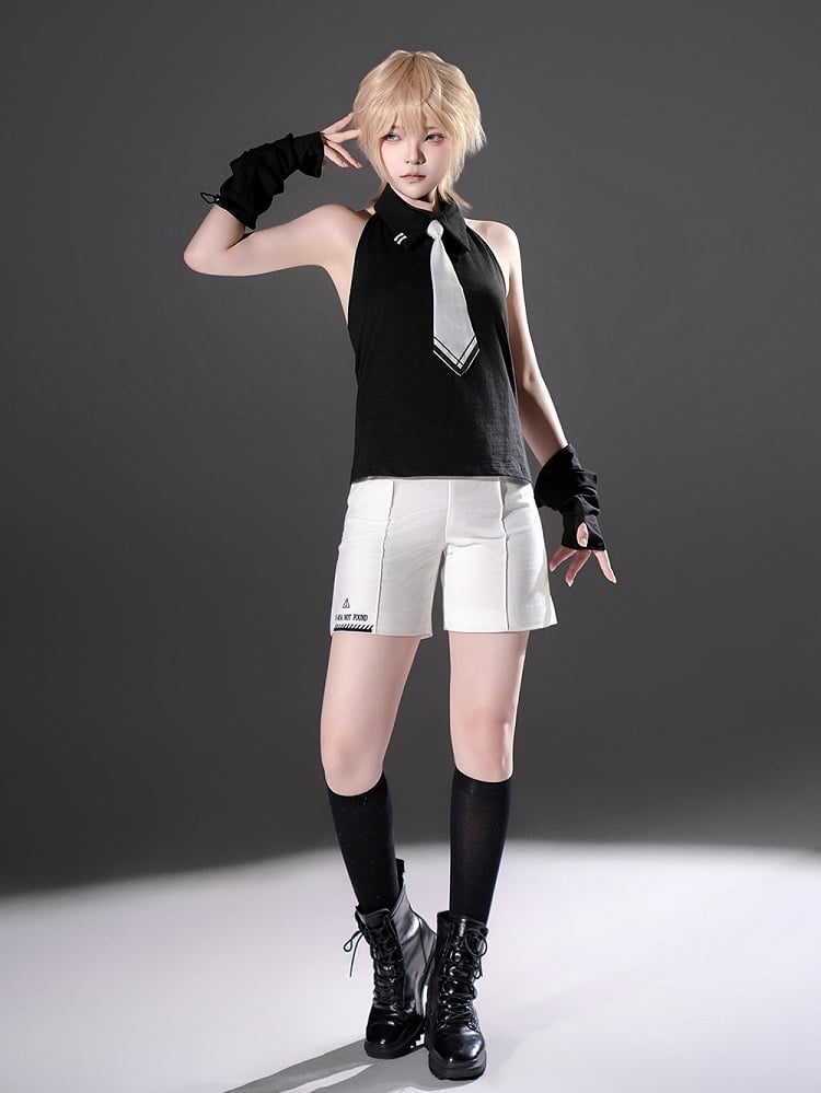 Tie Lolita Neck Sleeveless White with Black Halter Wrist Cuffs and Ouji Top