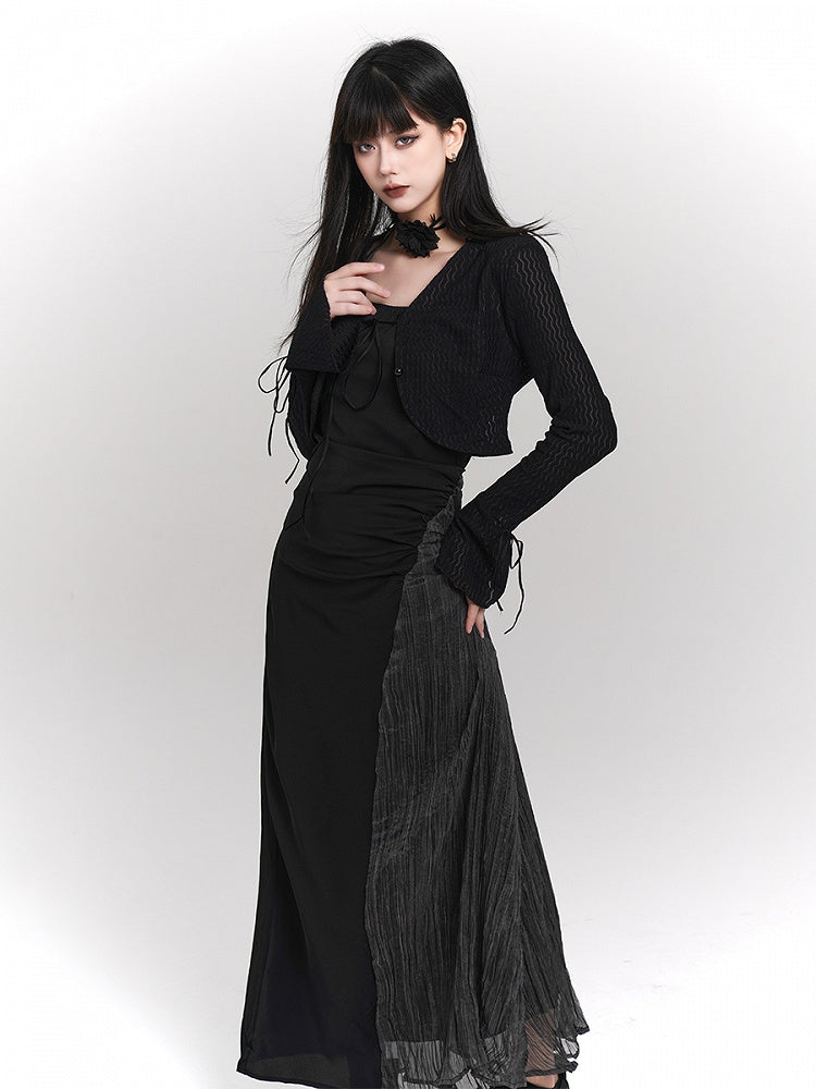 Cardigan Cropped Tie-Front Tie Details Gothic with Wrist Black