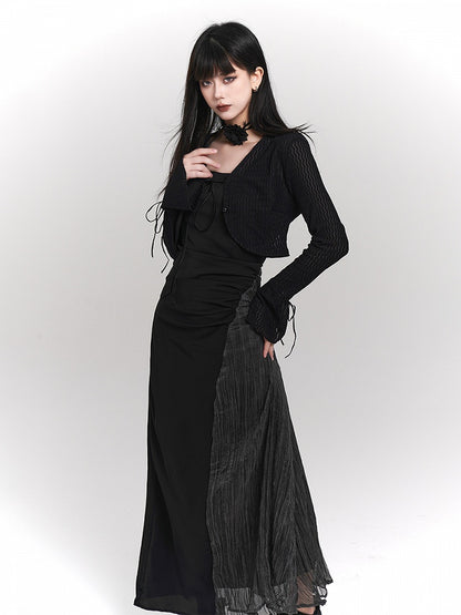 Cardigan Cropped Tie-Front Tie Details Gothic with Wrist Black