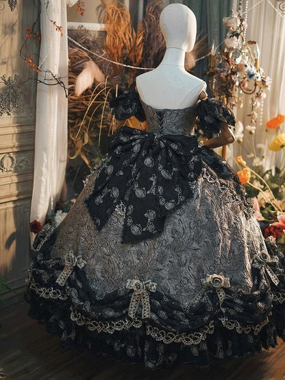 Lolita Gray Long Off-Shoulder Gown Lace Details with Ruffles Version Layered and Hime Hanayome Black Bow