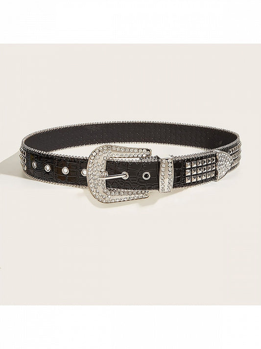 Punk Black Metal Rhinestone Buckle Belt