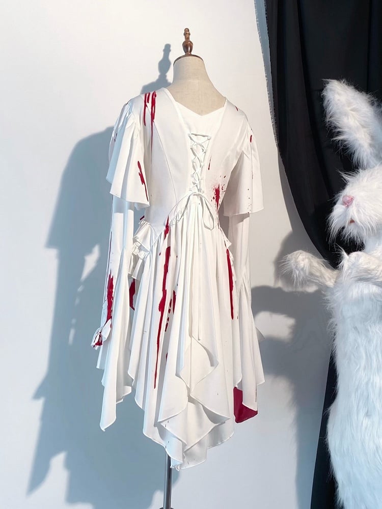 Gothic Ouji Lolita White & Red Bloodstain Ruffled Long Sleeve Shirt with Asymmetric Tail Accents - Tonight's White