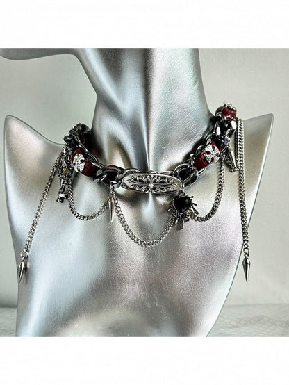 Punk Wine Red Spike Chain Choker - YSHXS