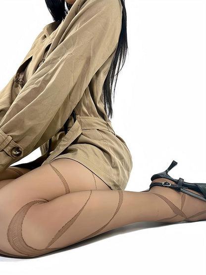 タイツ ホワイト/ブラウン/ブラック/グレー Y2K リボンプリント