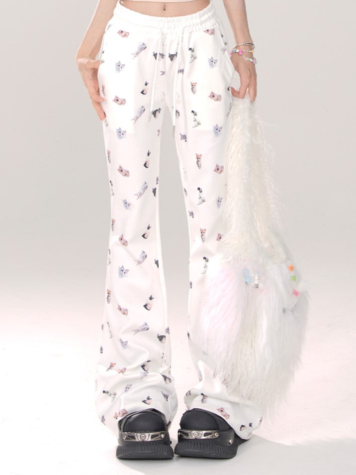 Elastic Comfortable Pattern Cat Flared White Pants: with Leg Kawaii Waist Thicken/Regular