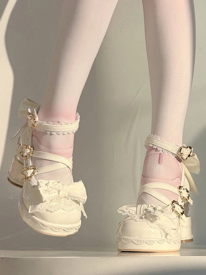 White Sweet Lolita Platform High-heel Mary Janes Cake Heel Bow Heart Buckle - Vintage Sweetheart