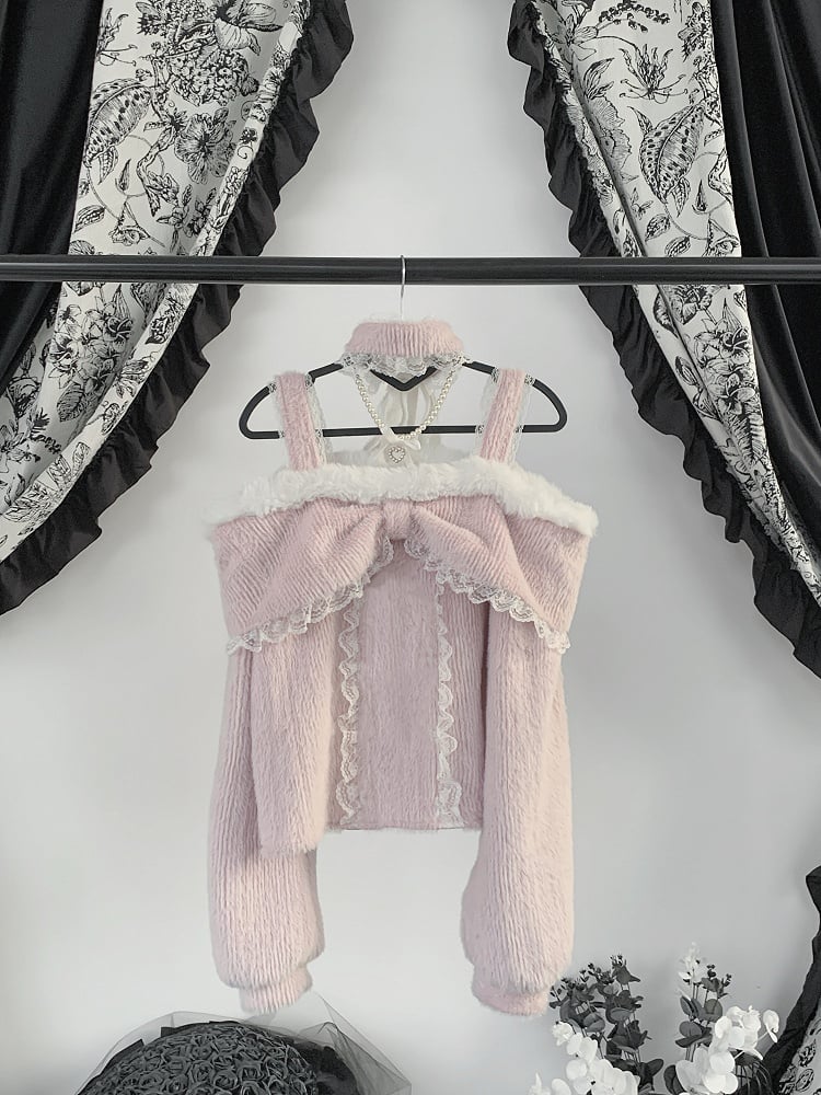 Top Shoulder Open Kei Decor Beaded Jirai with Chain Pink/White/Black Ruffle Fleece-lined