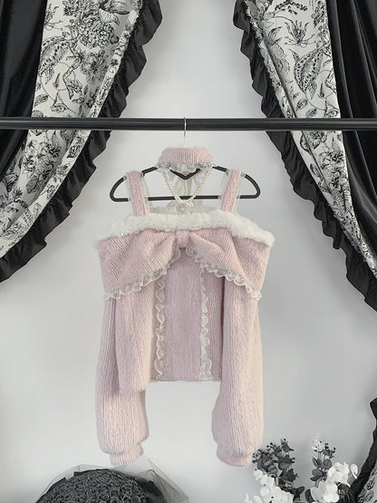 Top Shoulder Open Kei Decor Beaded Jirai with Chain Pink/White/Black Ruffle Fleece-lined