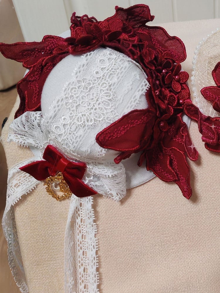 Lolita Bowknot Mini Wine Red Flower Top Velvet Hat