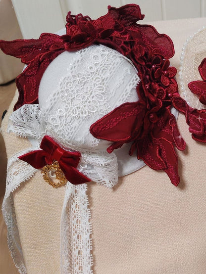 Lolita Bowknot Mini Wine Red Flower Top Velvet Hat