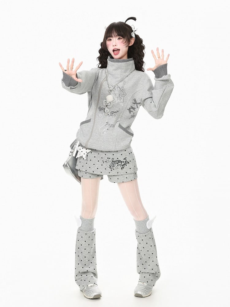Otaku Kawaii Gray Dot Two Piece Skort Music Note Star Charm Leg Warmers - Languid Park
