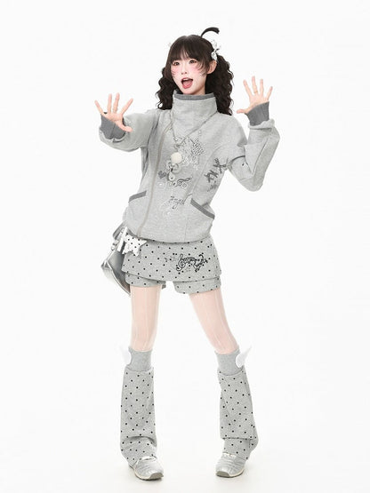 Otaku Kawaii Gray Dot Two Piece Skort Music Note Star Charm Leg Warmers - Languid Park