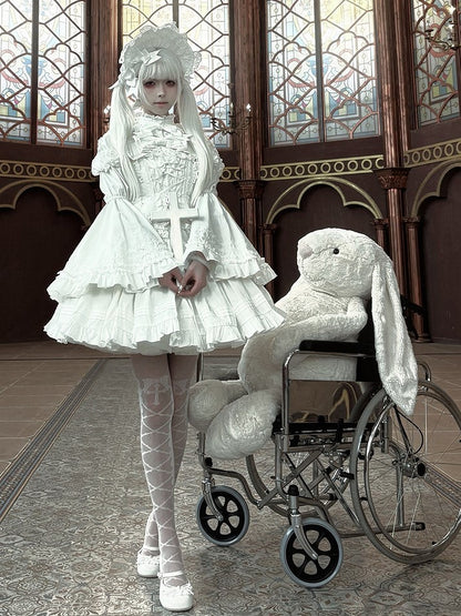 White Short Bowknots Ruffled with Dress Lolita Gothic Heart-shaped Decoration Version JSK and