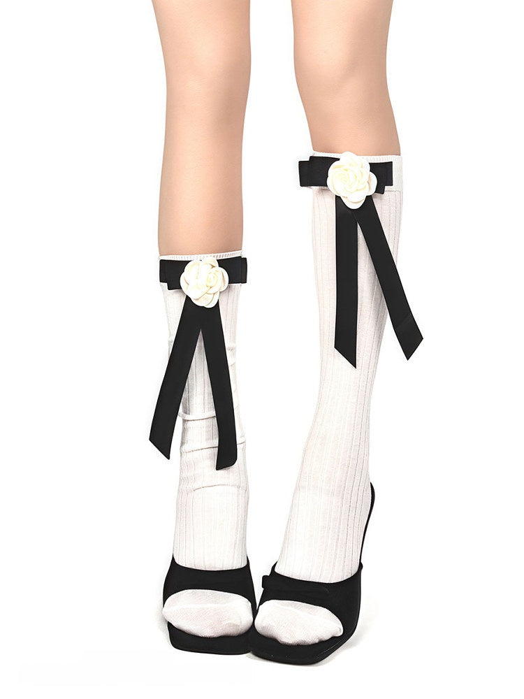 White/Black Ribbon Calf Bowknot Camellia Socks