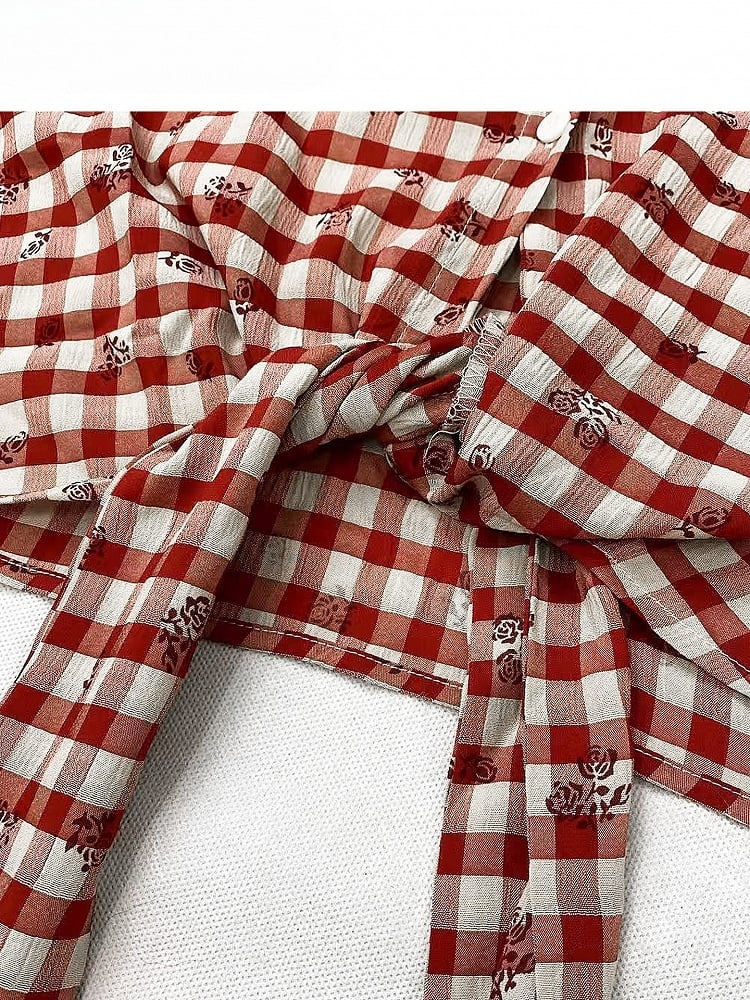 Pattern Twist Thigh-high High-low Shirt Floral Slit + Skirt Details Red Print Plaid