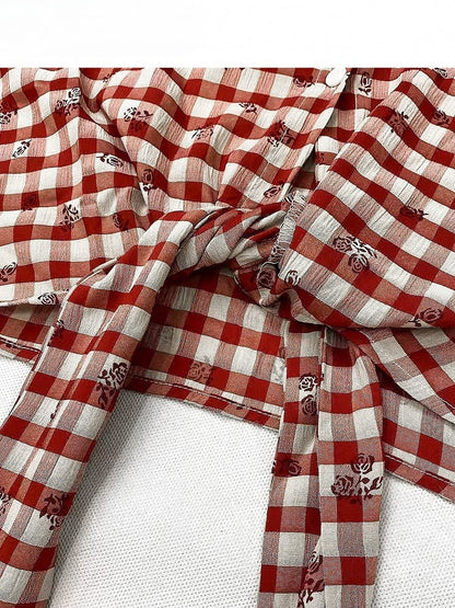 Pattern Twist Thigh-high High-low Shirt Floral Slit + Skirt Details Red Print Plaid