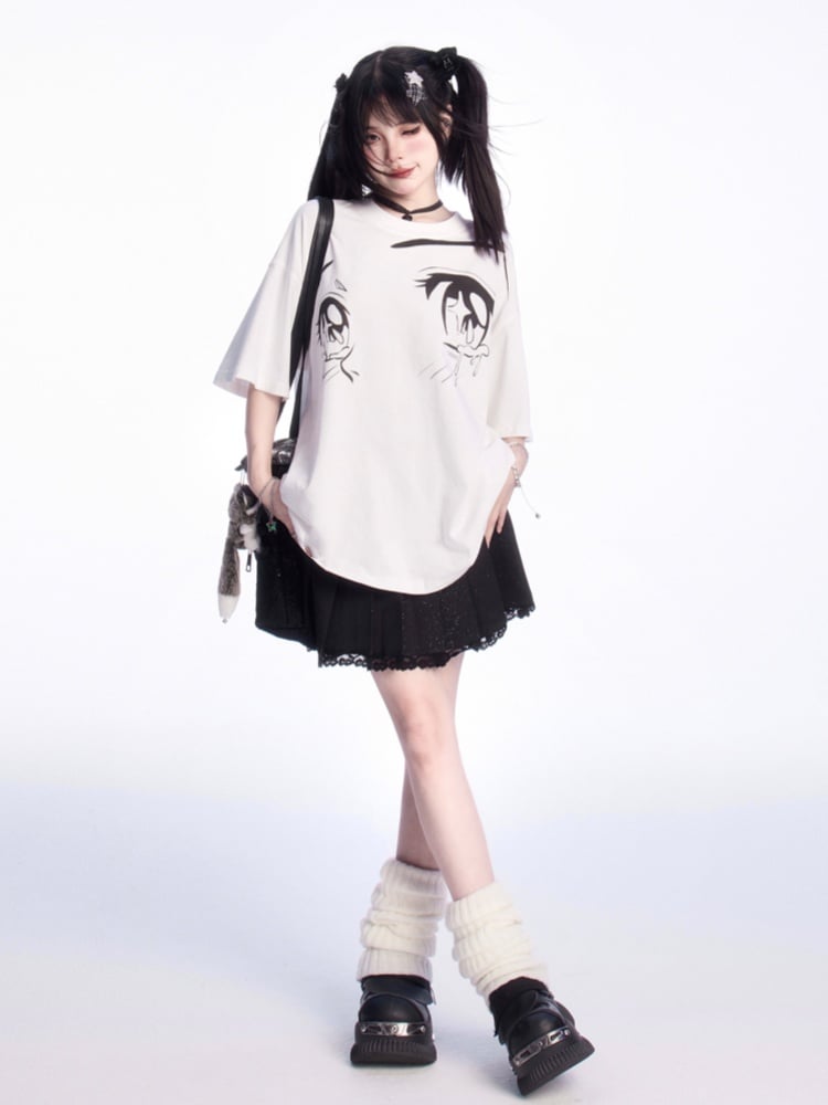 ホワイトラウンドネックアイプリントルーズTシャツ