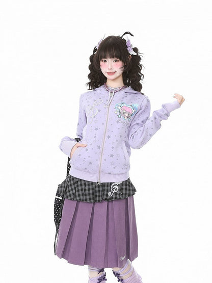 Print Cartoon Y2K Star Vintage Purple Hooded Jacket And