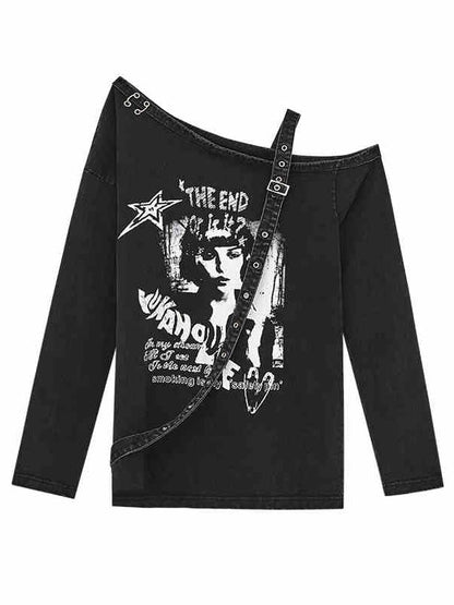 Cutout Schulter Top Y2K Punk Schwarz Asymmetrisch