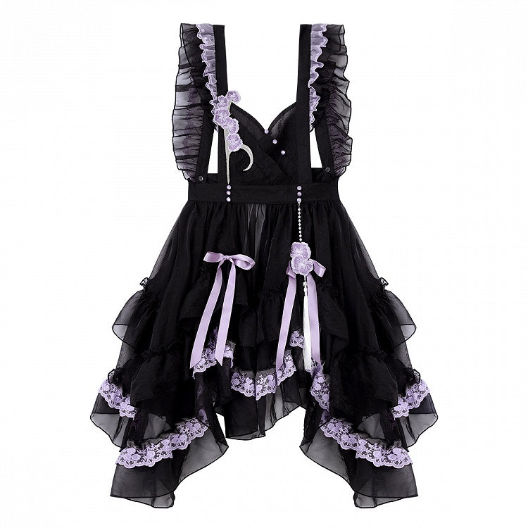 Zarte Schmetterling Schürze Lolita Kleid Schwarz Set Lila Han und Stickerei Voll Floral +