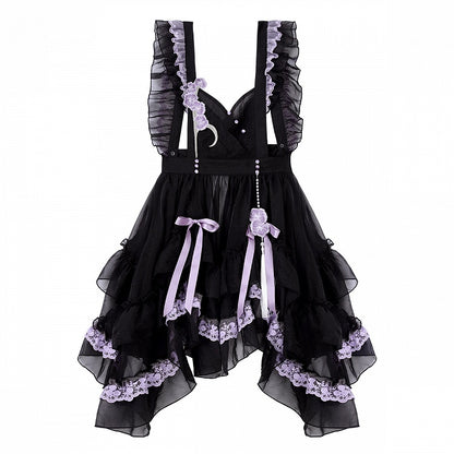 Zarte Schmetterling Schürze Lolita Kleid Schwarz Set Lila Han und Stickerei Voll Floral +