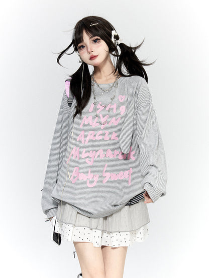 Print with Pink Knit Gray Top White Striped Waffle Bunny Letter Ears
