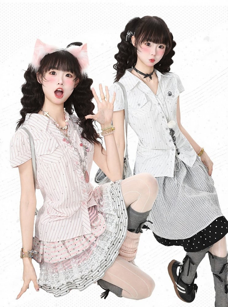 White Polo Collar Short Sleeve Blouse with Polka Dots - Languid Park