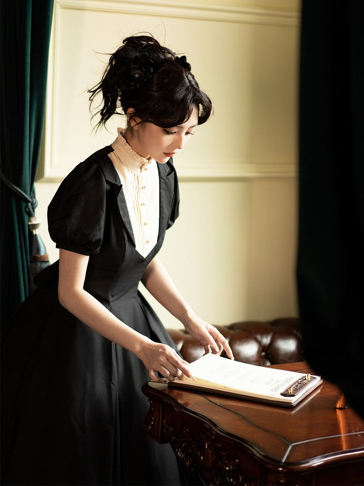 Elegant Neckline Beige Dress Waist One Piece Ruffle Sleeves Short Lolita Slim Black