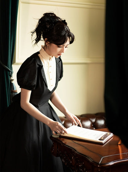 Elegant Neckline Beige Dress Waist One Piece Ruffle Sleeves Short Lolita Slim Black