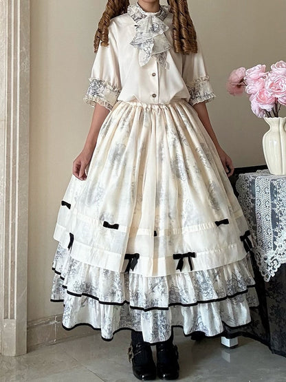 White Layers Long Underskirt with Black Bowknot Trim - Magic Skirt Cat