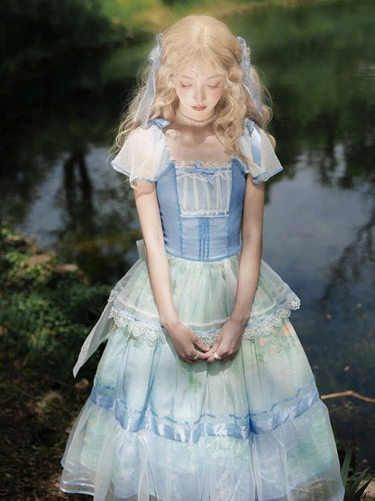 Sleeves One Oil Piece Water Lily Print Sky Square Neckline and Painting Blue Flutter