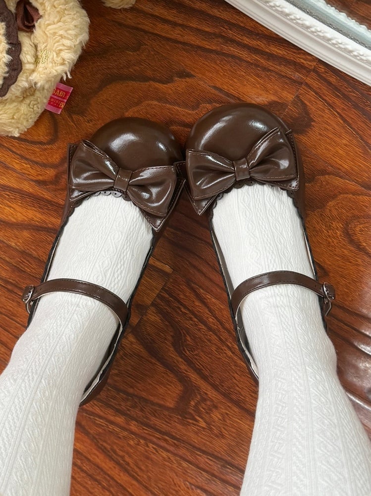 Sweet Lolita Round Closure Shoes Brown Heeled 3cm Mary with Jane Toe Circle Snap