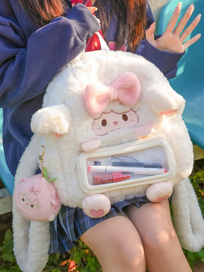 White Lamb-shaped Bowknot Heart Plush Backpack With A Detachable Pencil Case