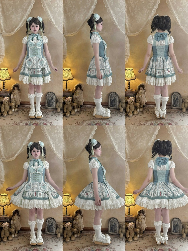Mahjong-Themed Halter Top & Skirt Set in White & Green with Tassels - Maiden Portal