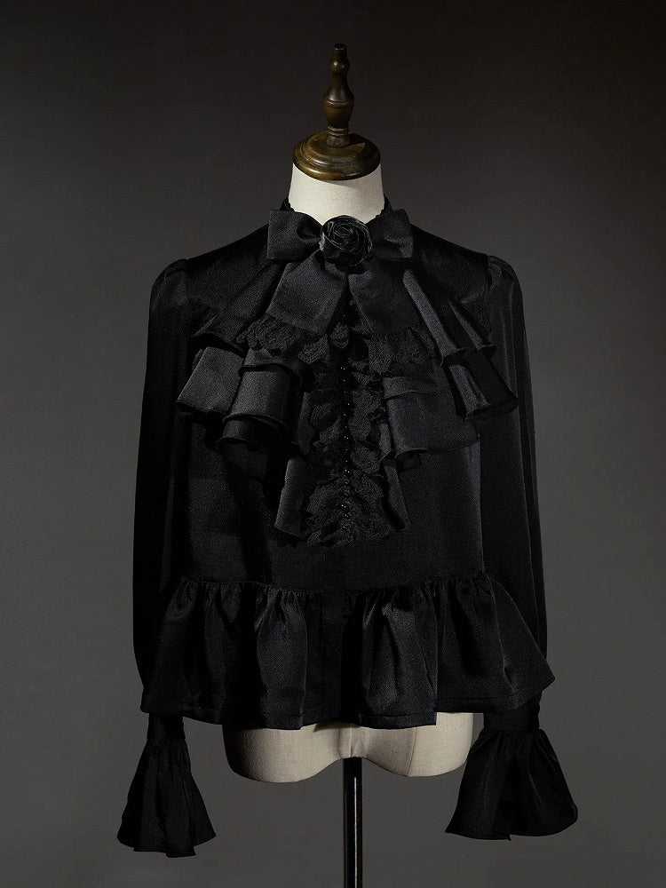 Schwarzes Ouji Fashion Lolita Langarmhemd mit Jabot-Krawatte und Fliege