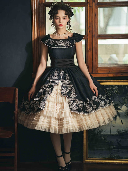 Dress Black Lily with Elegant of Valley Classic Embroidery Beige the Lolita
