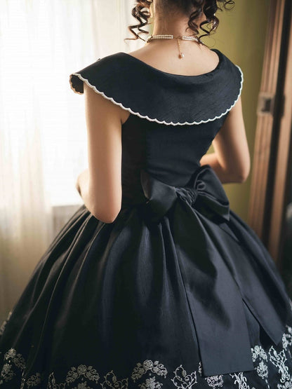 Dress Black Lily with Elegant of Valley Classic Embroidery Beige the Lolita
