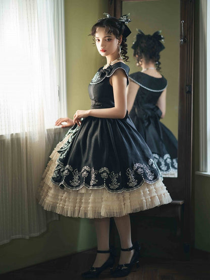 Dress Black Lily with Elegant of Valley Classic Embroidery Beige the Lolita
